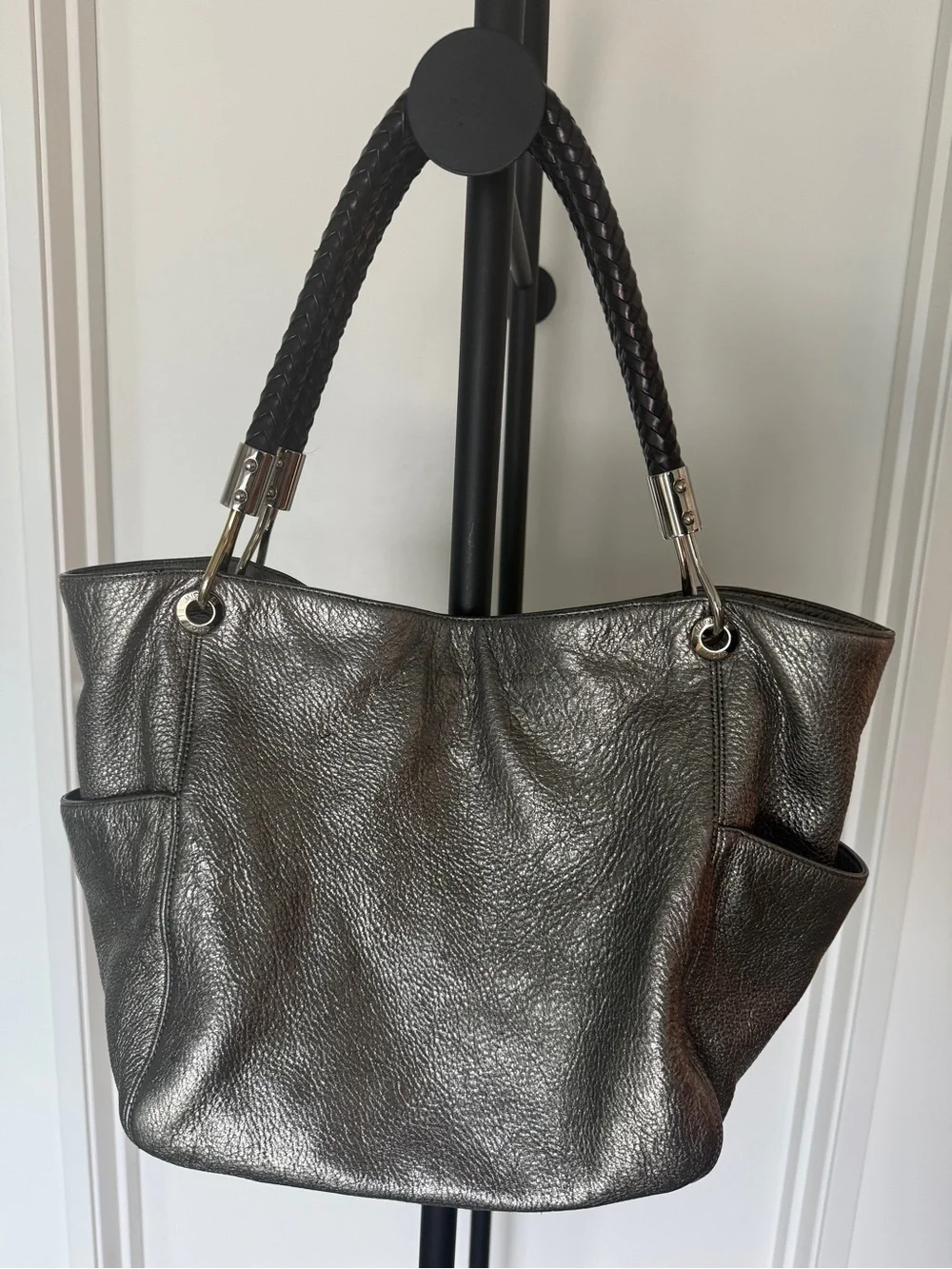 Michael Kors Skorpios Metallic Silver Leather Tote Bag Purse with Braided Handle